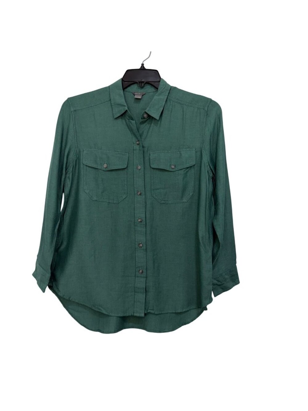 Eddie Bauer Womens Petite Green Button-Up Shirt Blouse Size PM Rayon Blend
